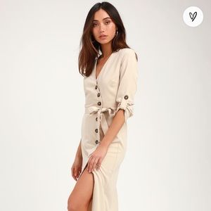 LuLus Pull Me Close Light Beige Suede Button-Up Midi Dress